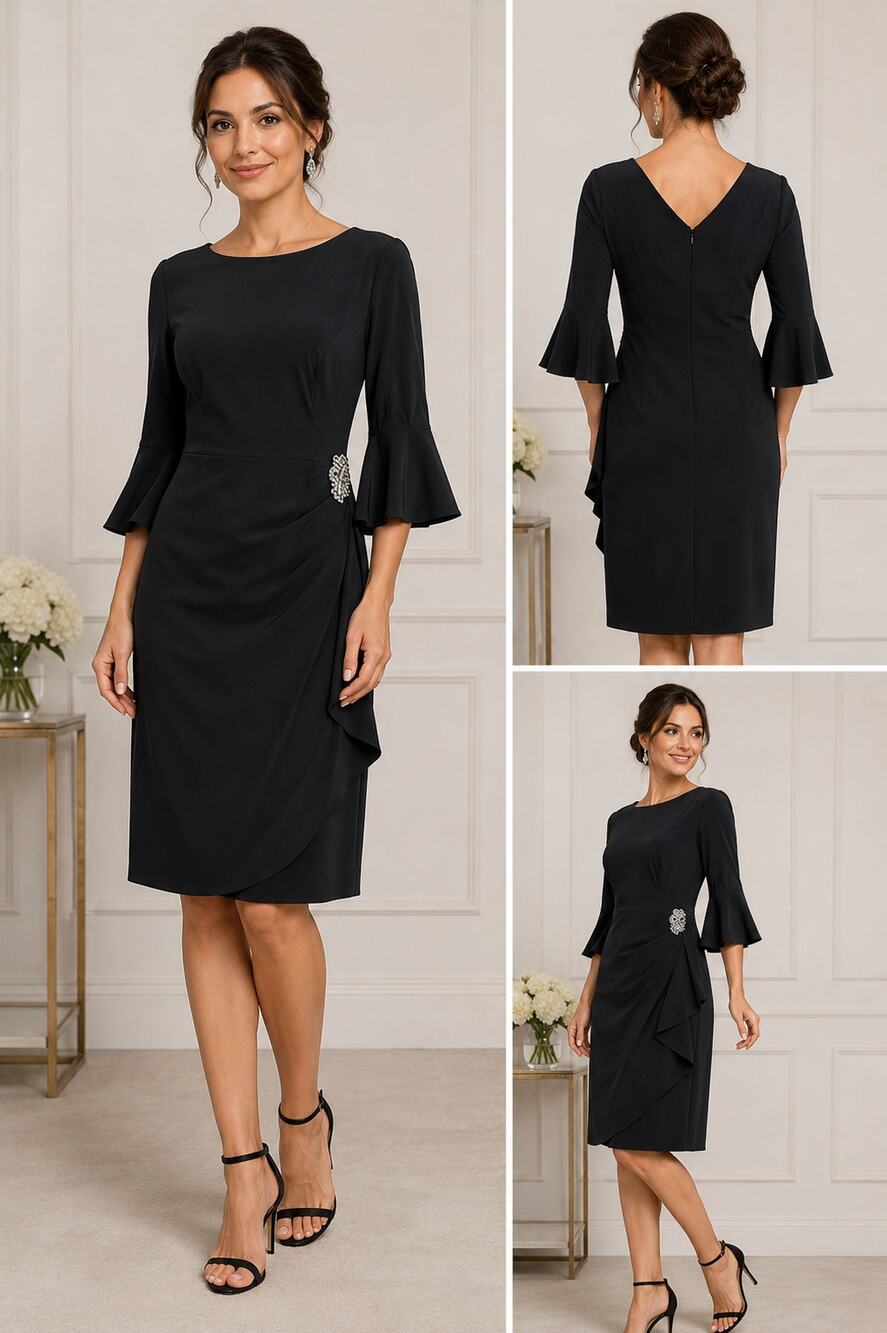 Alex Evenings Dress Womens 8 Black Bell Sleeve Rhinestone Draped Cocktail